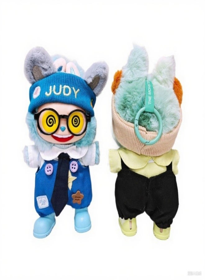 WASTROYAL Fit Labubu Outfit Set 1, 2 & 3 - Star and Bone Print Overalls with Tie, Trendy Doll Costume for Collectors and Toy Lovers (Blue) - Image 5
